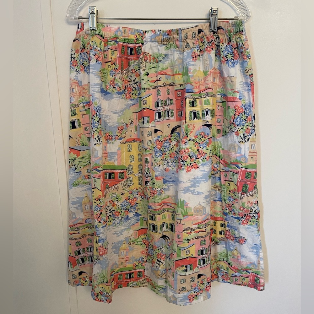 Vintage Koret Multicolor Venice Scene Print A-Line Skirt Size L Elastic Waist